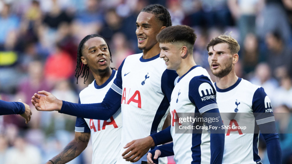 Ashley Phillips celebrates after scoring to make it 5-1 for Spurs during a pre-season friendly match against Heart of Midlothian.